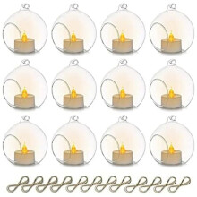 12 Stück 6 cm Runder Kerzenständer Aus Hohlem Glas zum Aufhängen, Hochzeitskunst-Dekoration, Tischlaterne mit Elektronischen Kerzen