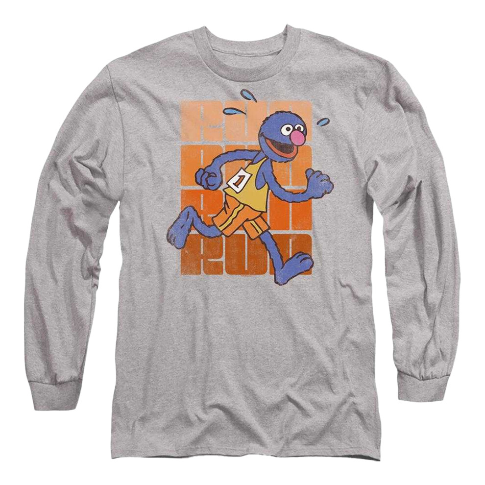 Sesame Street (Xxl, Athletic Heather) Unisex Adult Run Run Grover Heather Long-Sleeved T-Shirt Multicoloured