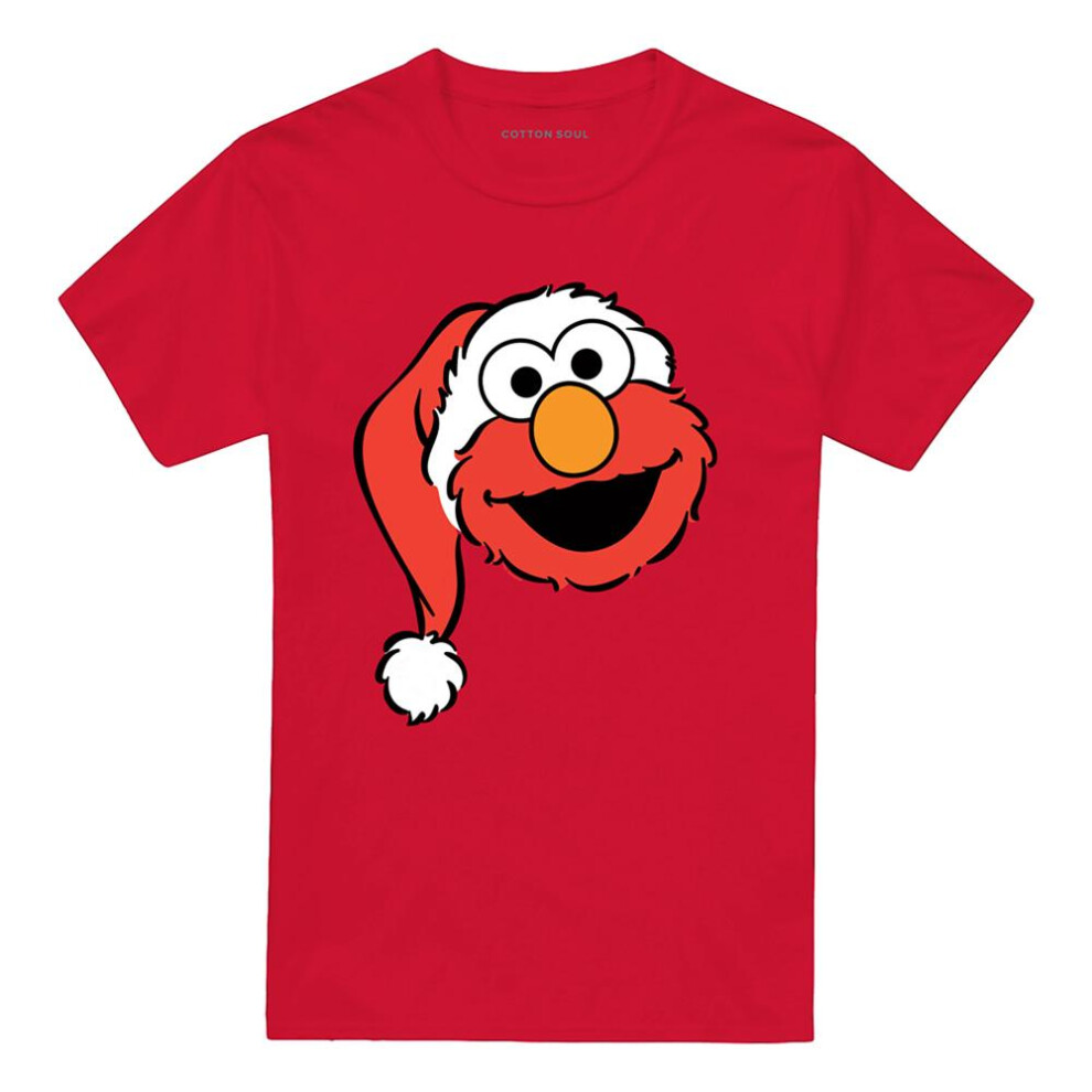 Sesame Street (Xl, ) Unisex Adult Elmo Santa Hat Christmas T-Shirt Red