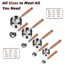 Stainless Steel Measuring Cups and Spoons Set of 8, Stackable Wooden Handle Metal Measuring Cup & Spoon Set