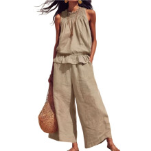 Women Summer 2 Piece Outfits Sleeveless Ruffle Top Wide Leg Pants Set with Pockets Khaki XXL