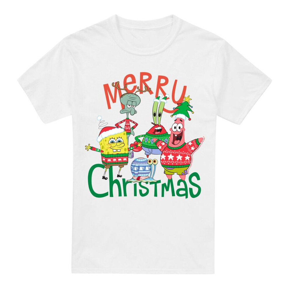 Spongebob Squarepants (Xxl, White) Mens Merry Christmas Group T-Shirt