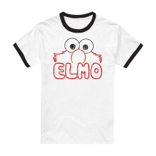 (S, White/Red) Sesame Street Unisex Adult Elmo Letters Ringer T-Shirt