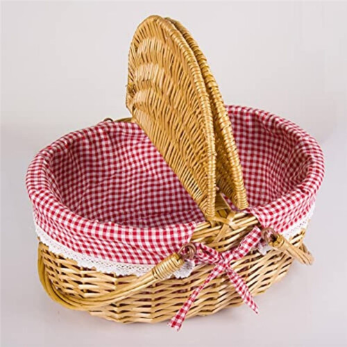 Picknickkorb Aus Weide mit Waschbarem Karofutter, Robustem Korbgeflecht, Deckel und Griff 1