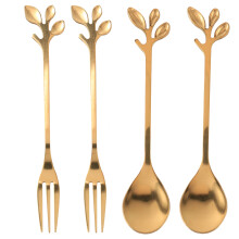 Tableware Gold Leaf Coffee Spoon Fork,4 Pack(2 Spoons 2 Forks) Little Demitasse Espresso Spoon and Appetizer Dessert Forks Set,4.7 Inches Tea Spoon
