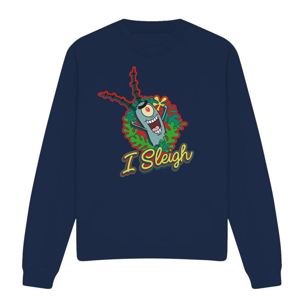 Spongebob Squarepants (Xl, Navy) Unisex Adult I Sleigh Plankton Wreath Christmas Sweatshirt Blue,Multicoloured
