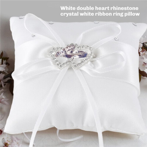 Vit Double Heart Rhinestone Ring Kudde BröLlopsring BäRkudde 10 X 10Cm 1