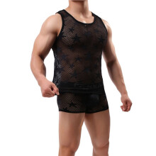 Men'S Star Print Mesh Fishnet Breathable Sleeveless Fitted Tank Tops Muscle Sheer Undershirts Black L