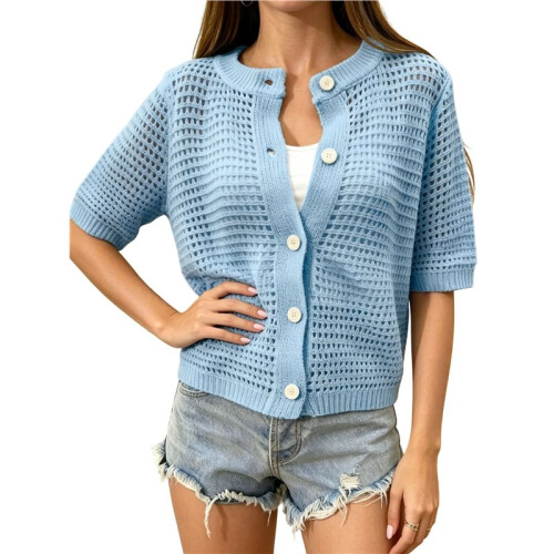 Women'S Short Sleeve Openwork Crochet Button Front Knit Cardigan  L