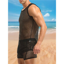 Men'S All-over Fishnet Mesh Breathable Sleeveless Fitted Crew Neck Tank Tops Black L