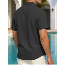 Men'S Textured Crinkle Fabric Short Sleeve Button Down Casual Shirt with Pocket Black S