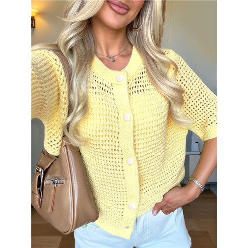 Women'S Short Sleeve Openwork Crochet Button Front Knit Cardigan Yellow M 2