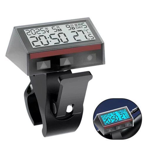 Motorcycle Ebike Solar Power Clock with Date Week Temperature LCD Backlit Display Waterproof Thermometer with Stand B