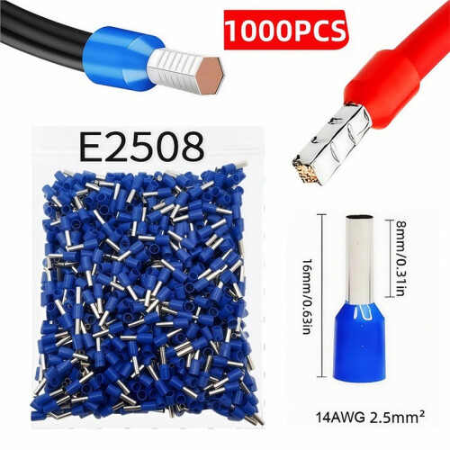 1000pcs Tubular Crimp Terminals Electrical Wire Cable Ferrules Connectors E6012 E1008 E2508 Ring Sleeve E2508 1