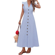 Vestido Largo de Mujer A Rayas con Cuello en V, Mangas con Volantes, Botones en la Parte Delantera y Cinturón en la Cintura Azul S