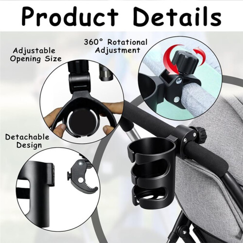 Set of 2 Stroller Cup Holders,Includes 2 Hooks,Universal, Adjustable, 360-Degree Rotation,for Strollers, and Wheelchairs 2