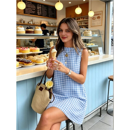 Womens Gingham Dress Spring Summer Beach Boho Sleeveless  Sundress Light  M 1