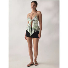 Damen-Neckholder-Top mit V-Ausschnitt, Spitze, Rückenfrei, Vintage-Blumenmuster, Y2K-Sommer-Freizeitshirt Grün L