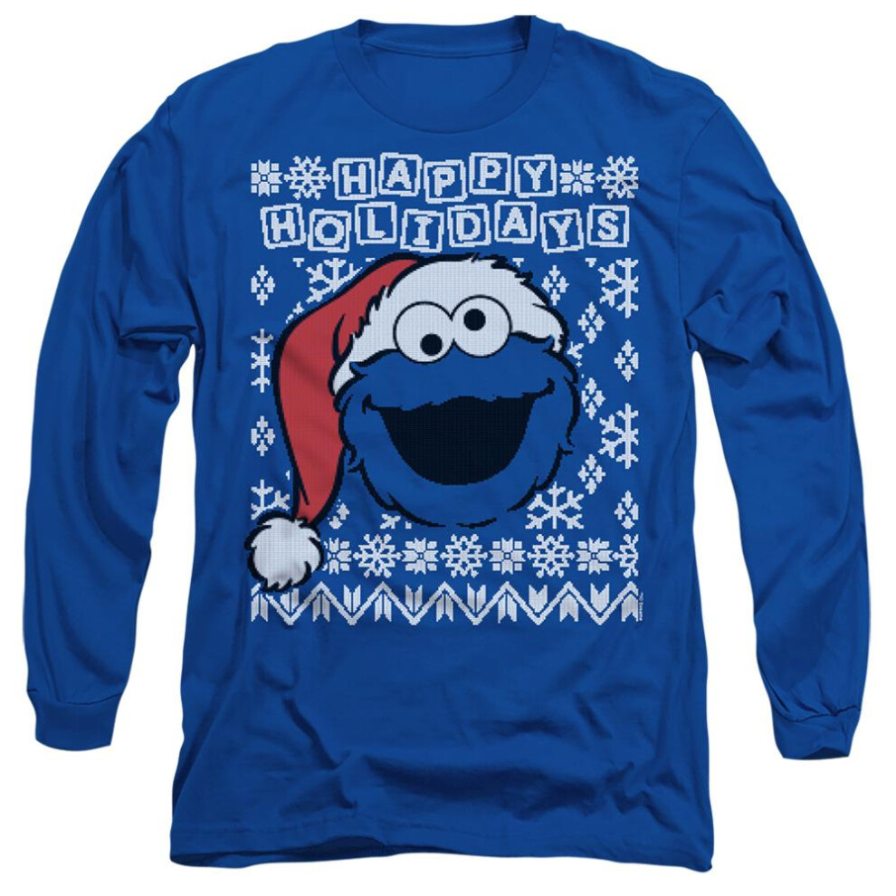 Sesame Street (Xxl, Royal ) Unisex Adult Ugly Christmas Cookie Monster Long-Sleeved T-Shirt Blue