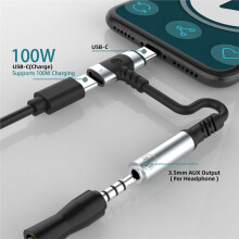 2-in-1 USB-C-auf-3,5-mm-Audioadapter mit 100-W-PD-Schnellladefunktion und Aux-Mikrofonanschluss für Smartphones und Tablets