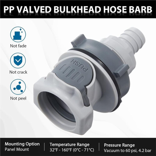 1/2"ID Valved Bulkhead Hose Barb,3/8"High-Flow Quick Disconnect Coupling, Panel Mount Fluid Fitting,Leak-Free &Tool-Free 2