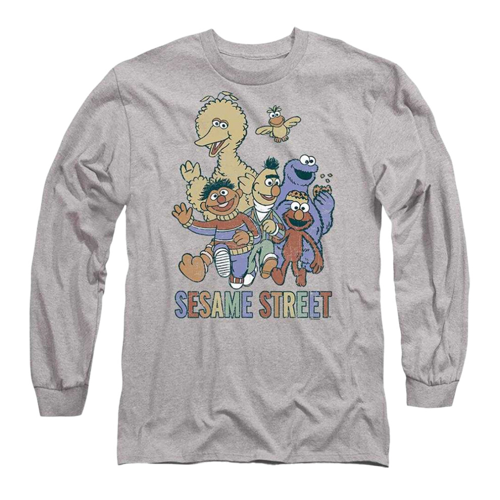 Sesame Street (M, Athletic Heather) Unisex Adult Group Shot Long-Sleeved T-Shirt