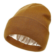 Warm Silk Lined Knit Hat For Winter Curly Hair No Static No Frizz No-Tangle Hat Chillys mornings, 25-26cm ,caramel