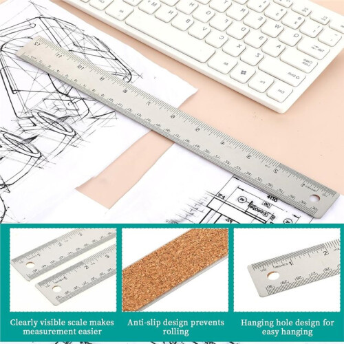 Régua de Metal com Base de Cortiça, 30,5 cm + 45,7 cm, em Aço Inoxidável, Antiderrapante, com Marcações em Polegadas e Centímetros. 2