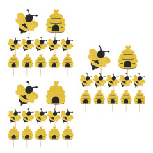 60Pcs Bamboo Bee Party Cake Toppers Glittered Gold Cupcake Picks Decor