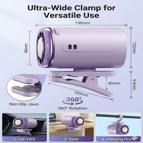 (Purple, -) Ανεμιστήρας κλιπ αυτοκ. με LED, 199 ταχ., ημι-ψύξη 16, USB, 360 2