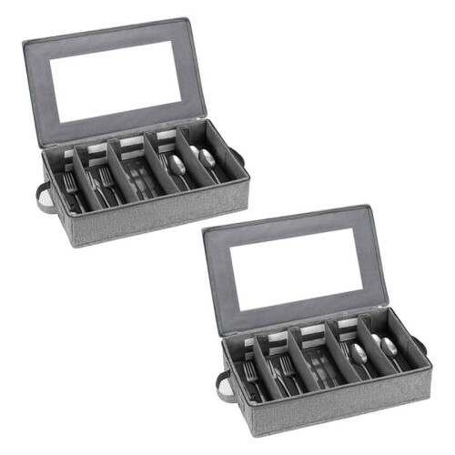 2 Pack Flatware Utensil Storage - Sturdy Silverware Storage Box with Dividers, 5 Compartment Flatware Storage Case