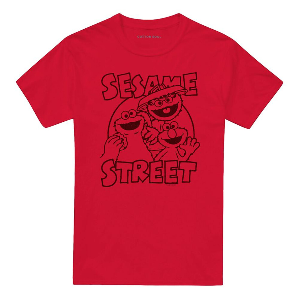 Sesame Street (M, ) Unisex Adult Group Crunch T-Shirt Red