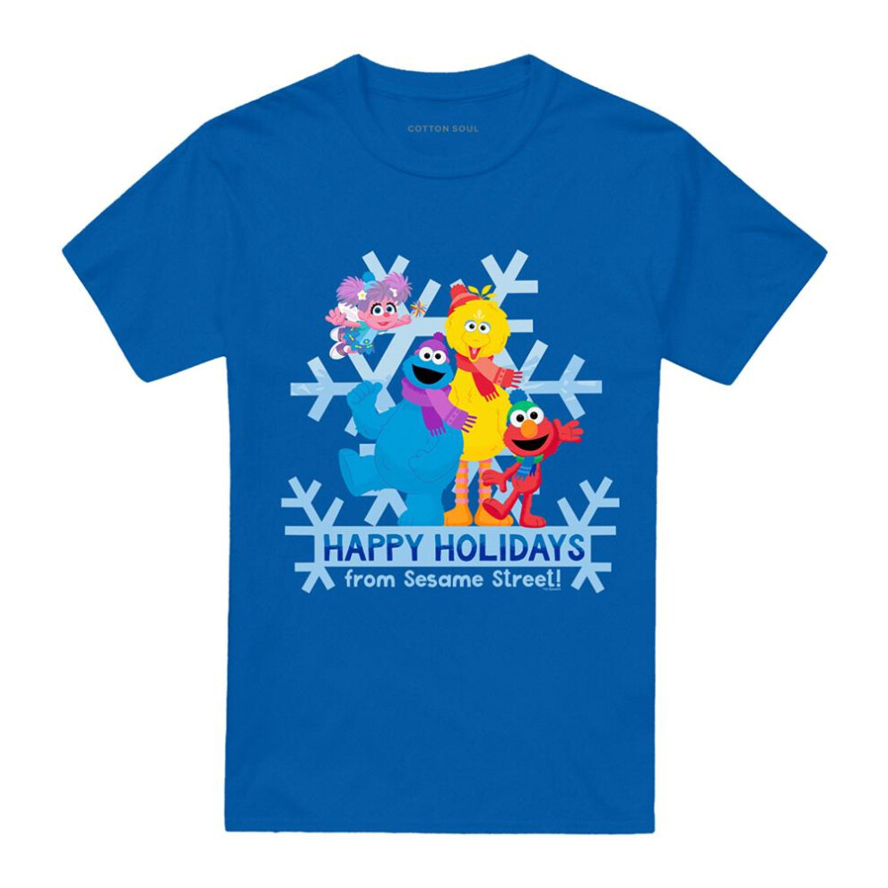 Sesame Street (4Xl, Royal ) Unisex Adult Happy Holidays Cookie Monster T-Shirt Blue