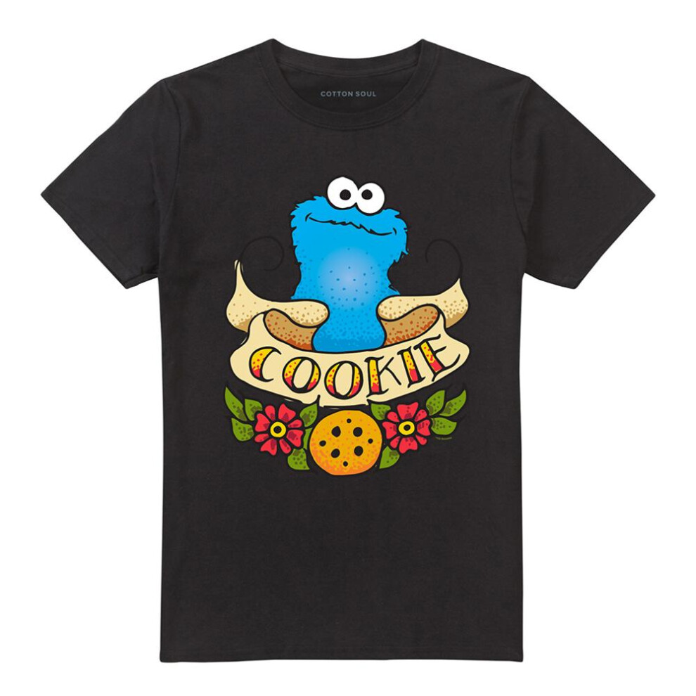 Sesame Street (M, ) Unisex Adult Cookie Monster Tattoo T-Shirt Black