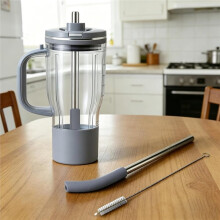 2Pcs Replacement Metal Straws for BlendBOSS, Reusable Stainless Steel Straw with Cleaning Brush Gray