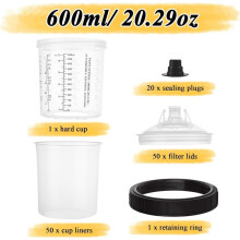Disposable Paint Cups 600ml (20oz), 50 Packs Paint Mixing Cups System with 50 Lids & Liners,125 Filter, Hard Cup, Plugs