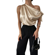 Women'S Off Shoulder Tops Casual Short Sleeve Asymmetrical Neck Satin Blouse Shirts Apricot Color XXL