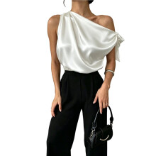 Women'S Off Shoulder Tops Casual Short Sleeve Asymmetrical Neck Satin Blouse Shirts White S