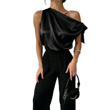 Women'S Off Shoulder Tops Casual Short Sleeve Asymmetrical Neck Satin Blouse Shirts Black XL
