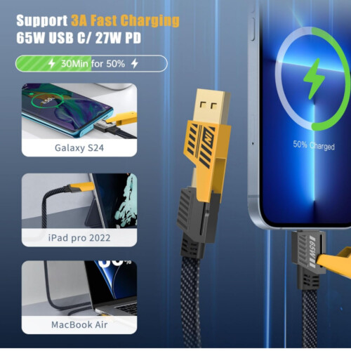 Cabo 4 em 1 em nylon com USB C e USB A, 65 W, carregamento rápido para telemóveis e tablets_M 1