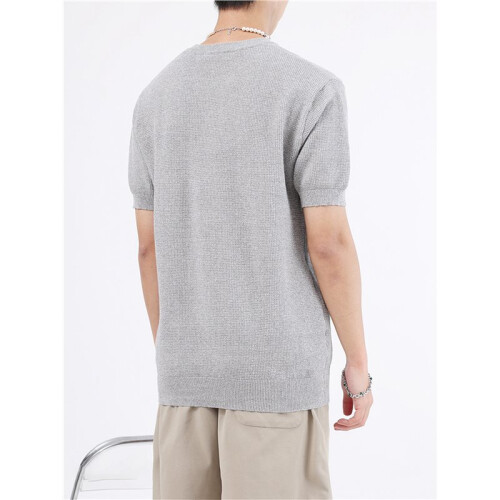 Herr Slim Fit Vintage Stickad T-Shirt Kort Ärmar Krage Solid Pullover Tröja Topp Tee Blomgrå L 2