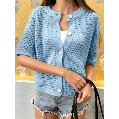 Women'S Short Sleeve Openwork Crochet Button Front Knit Cardigan  L 1
