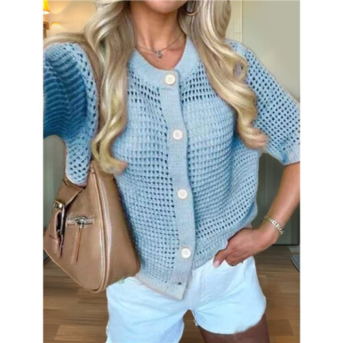 Women'S Short Sleeve Openwork Crochet Button Front Knit Cardigan  L 2
