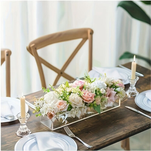 Transparent Acrylic Rectangular Vase with 12/16 Hole Options, Perfect for Modern Floral Arrangements  Dining Tables. 2 1