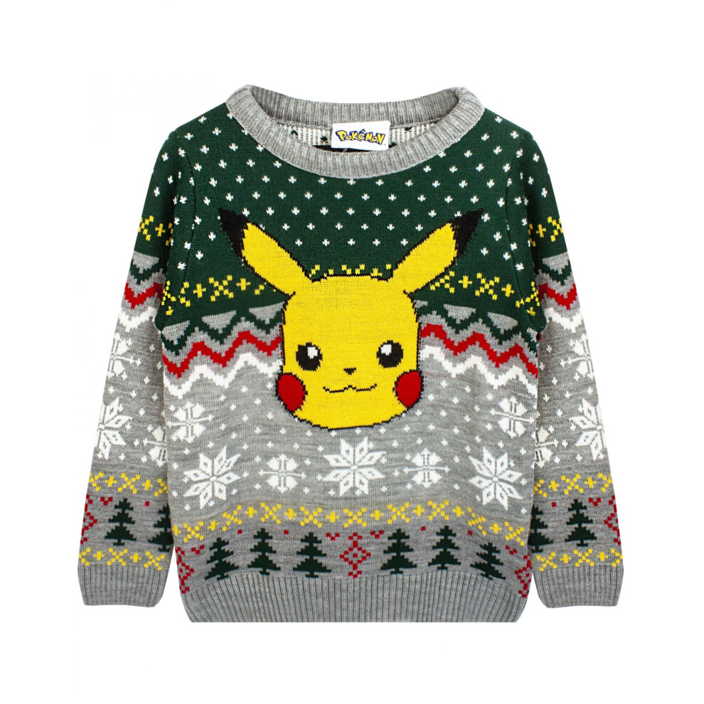 Pokémon (13-14 Years, /Green) Pokemon Childrens/Kids Pikachu Knitted Christmas Jumper Grey