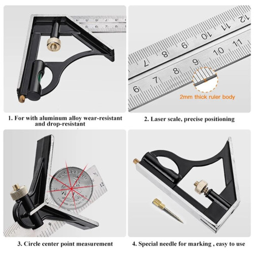 300Mm Stainless Steel Movable Combination Square Movable Square Carpenter 90 Degrees 45 Degrees Turn Square Square 2