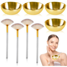 8 Pcs Gold Facial Bowl and Brush Set 4 Stainless Steel Mixing Bowls 4 Facial Fan Brushes for Mud Cream Makeup Spa Salon