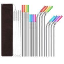 1 Set- Stainless Steel Straw Set Silicone Mouth Portable Metal Straw Brush, Silver