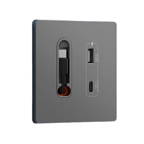 EU Universal Wall PD 20W USB A  Socket Panel with Android Type-C Fast Charging  Retractable Cable for Home B 1