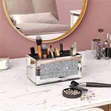 Makeup Brush Holder Organizer with Crushed Diamond 3 Slot Mirrored Make  Cosmetics Organizers and Storage
